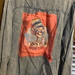 Hand designed denim long sleeve shirt, women’s size XXXL (20)